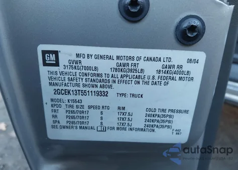 2005 Chevrolet Silverado 1500 Z71 z USA, uszkodzony, nr VIN 2GCEK13T551119332